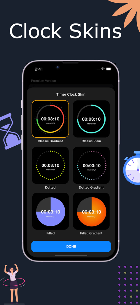 Timer Stopwatch App - Selection of customizable clock skins for the Timer Stopwatch App in dark mode