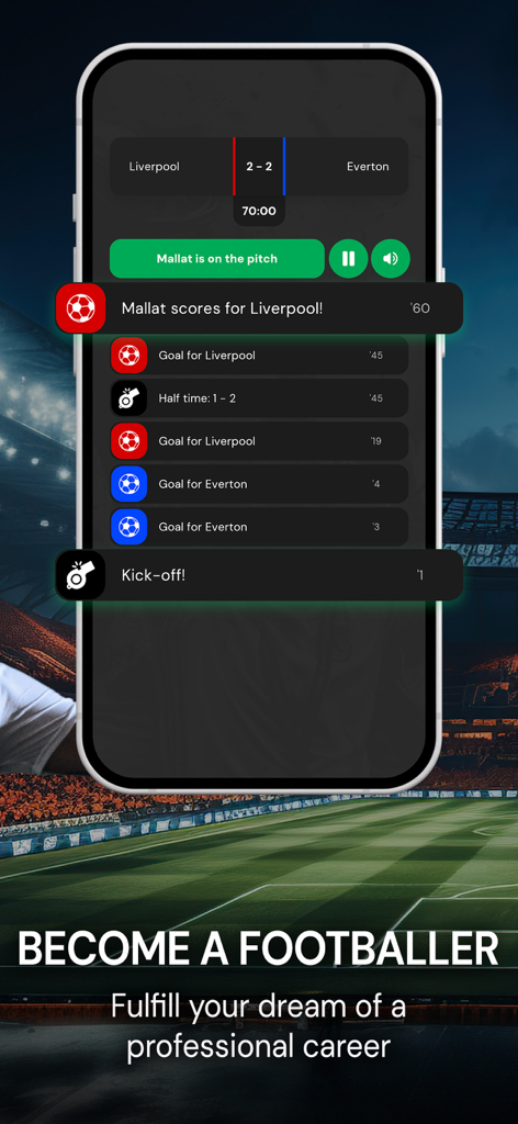 Pantalla de simulación de partido de Club Legend mostrando el progreso de la carrera del jugador de fútbol y eventos de puntuación