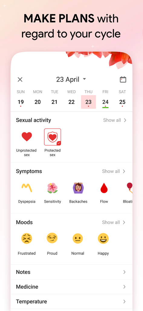 Cycle Tracker: Period Calendar - Daily logging screen of the Cycle Tracker app showing sections for sexual activity symptoms and moods