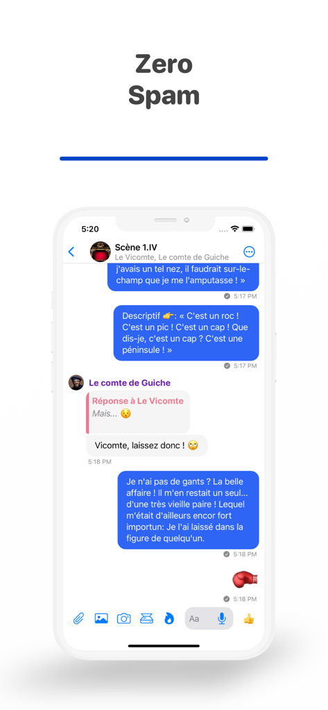 Olvid - Captura de tela do aplicativo de mensagens privadas Olvid mostrando uma interface de bate-papo segura com um cabeçalho que diz Zero Spam.