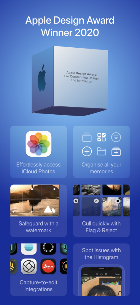 Darkroom: Photo & Video Editor - Darkroom App Werbebildschirm, der seinen Apple Design Award 2020 und professionelle Bearbeitungsfunktionen wie iCloud-Integration, Wasserzeichen und Fotoorganisation zeigt.