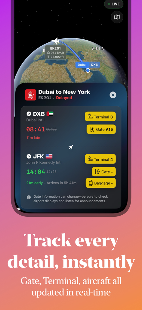 Flight Tracker: FlightElite AI - FlightElite AI app interface showing real time flight status and terminal details for a Dubai to New York trip