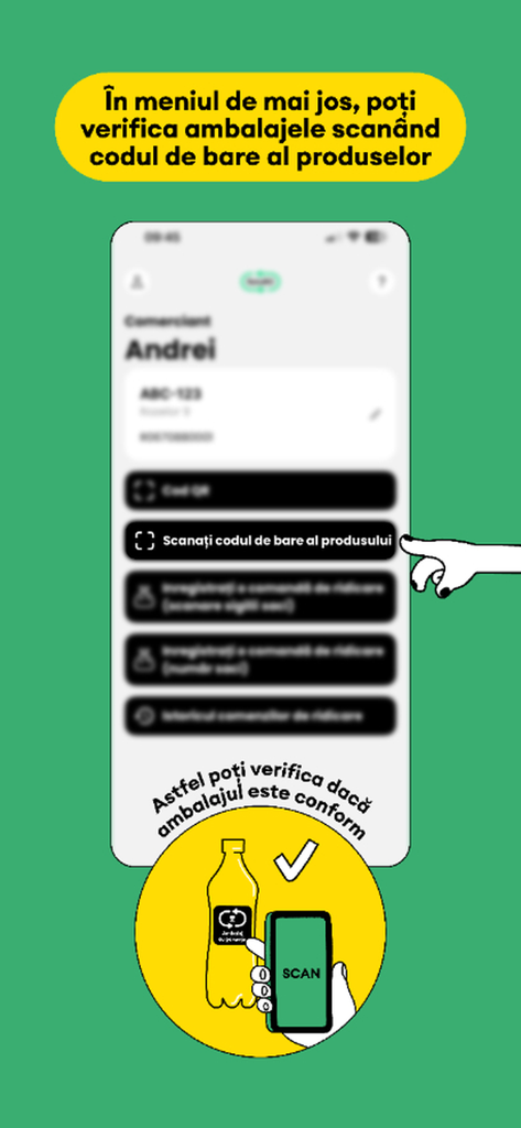 RetuRO for Business - Schermata dell'app RetuRO for Business che mostra la funzione di scansione codici a barre per la conformità degli imballaggi da riciclare