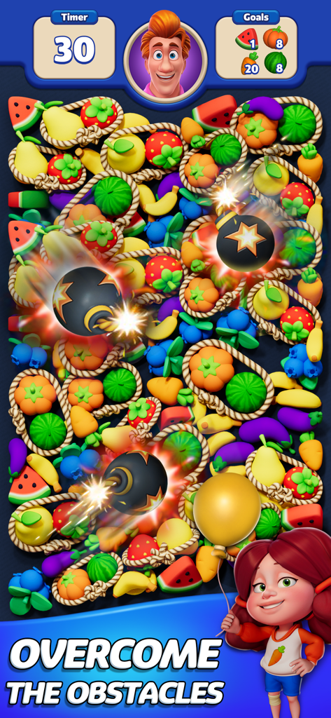 Blitz Busters - Blitz Busters gameplay screen with 3D fruits and bomb obstacles