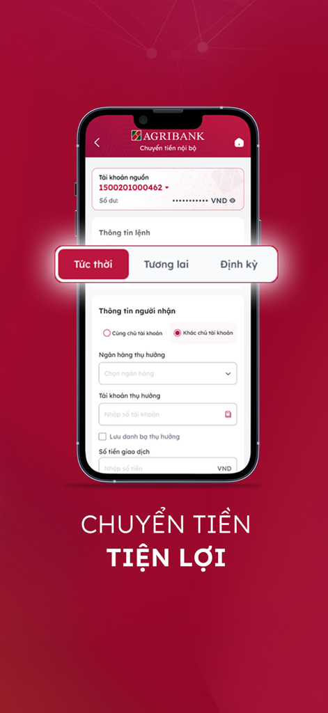 Agribank mobile app interface for internal money transfers with instant and scheduled options.