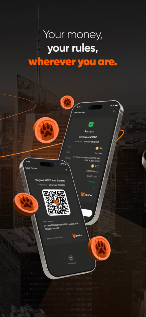 Panther: Wallet Crypto - Pantallas móviles de la aplicación Panther Wallet que muestran un recibo de retiro de Bitcoin y un código QR de depósito de USDT.