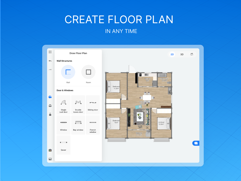 A 2D floor plan layout being created in the Coohom interior design app showing furniture and architectural tools.