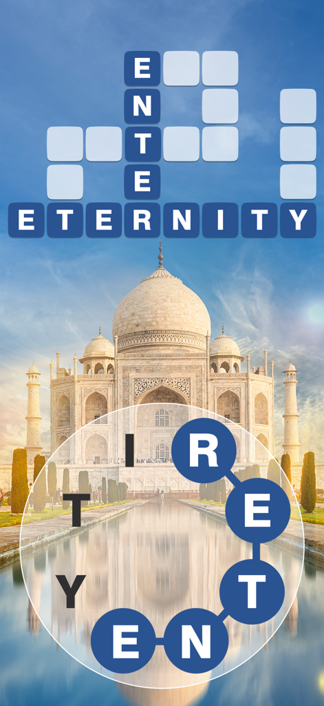 World of Wonders - Word Search - Jugabilidad de sopa de letras con una cuadrícula de crucigrama y una rueda de letras sobre un fondo del Taj Mahal