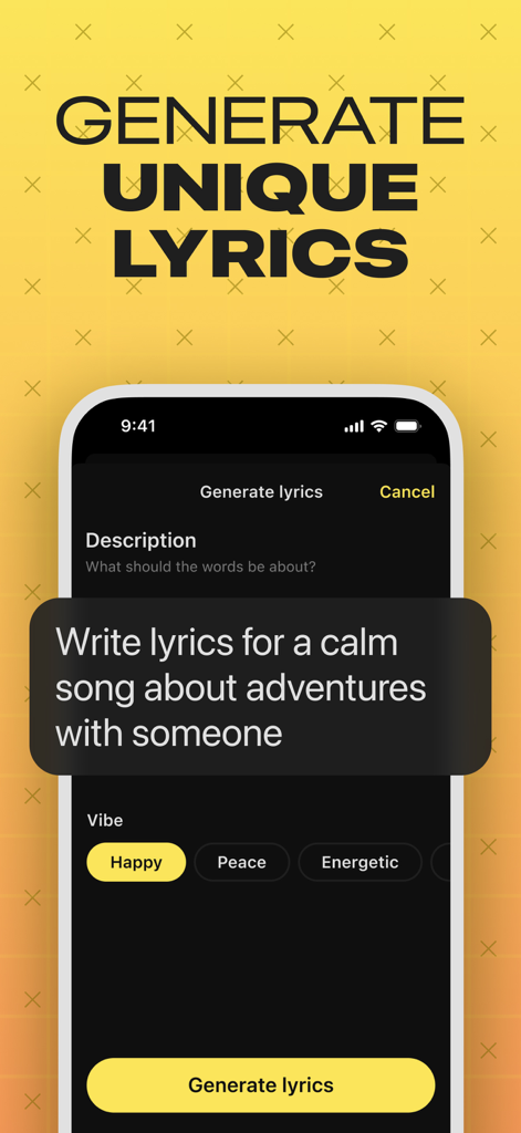 AI Song Maker Music Generator - Una pantalla de aplicación móvil para generar letras de canciones únicas con IA utilizando descripciones de texto y configuraciones de ambiente.