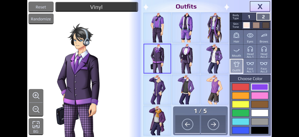 Gacha Story - VN Creator - A character customization screen in the Gacha Story app showing various purple outfits and color palettes for an anime-style character.
