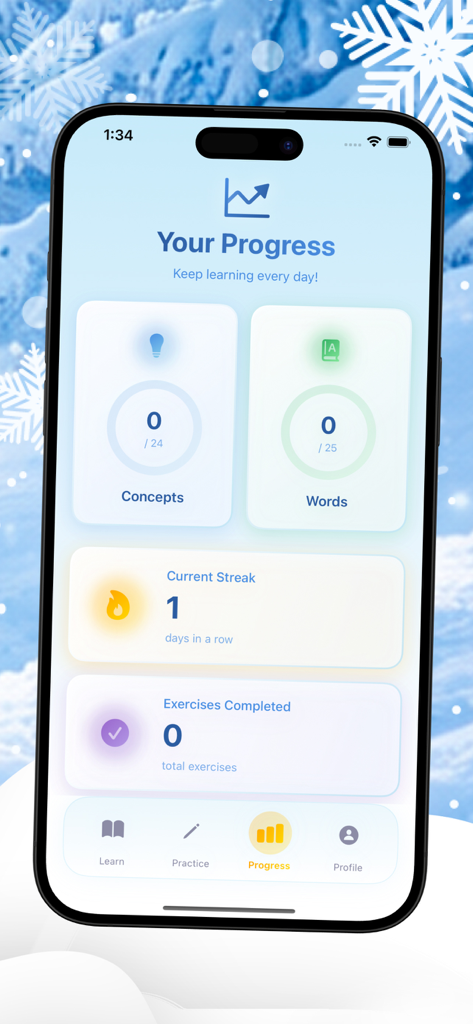 Ice Stack - Panel de la aplicación Ice Stack que muestra estadísticas de progreso del usuario y racha de aprendizaje diario.