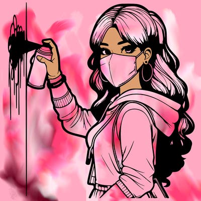 realistic girl with mask spray painting a wall