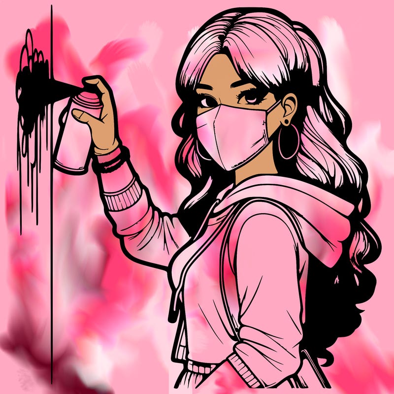 realistic girl with mask spray painting a wall