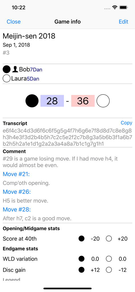 KifuBox - KifuBox game info screen displaying tournament results player rankings and detailed move transcripts for Reversi match analysis