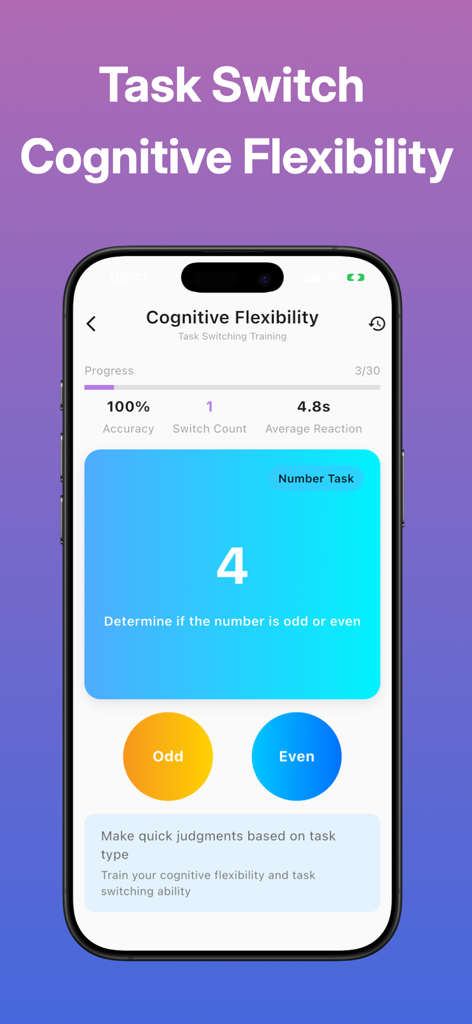 MindFit - Your Brain Gym - MindFit app interface for cognitive flexibility training showing a number task with odd and even selection buttons