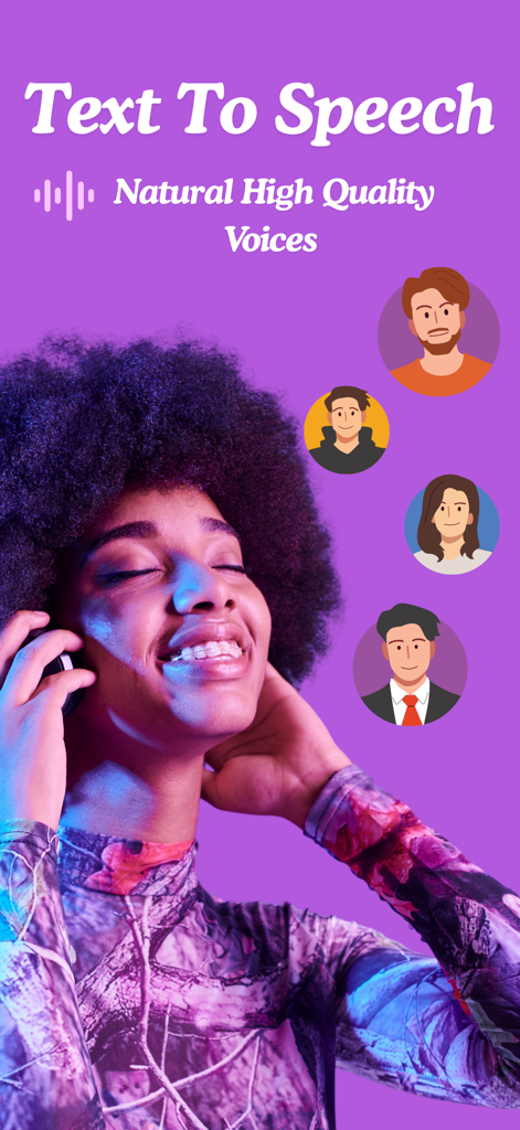 Text Reader: StudioVoice tts - Una mujer sonriendo y usando auriculares con iconos que representan voces de IA de calidad natural de la aplicación Lector de Texto
