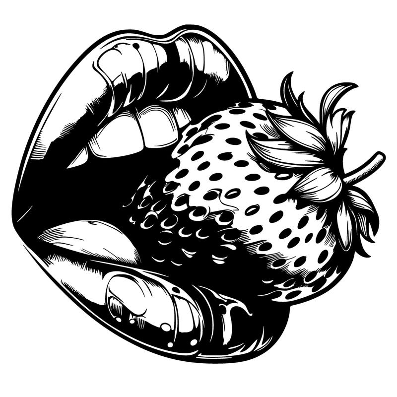 realistic lips taking a bite out of a strawberry