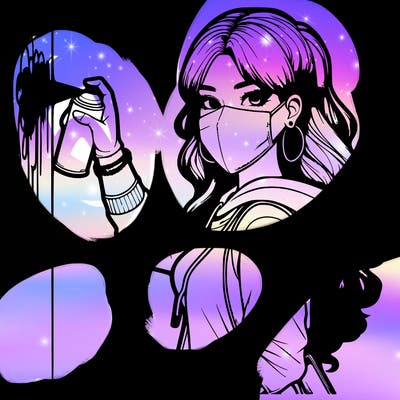 realistic girl with mask spray painting a wall