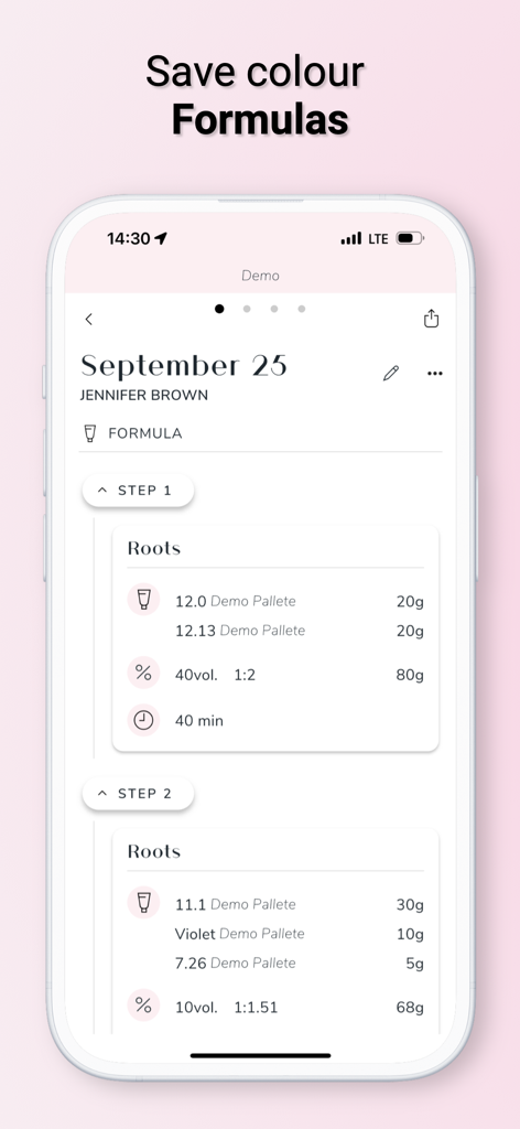 Charm: Save Formulas & Clients - Mobile screen showing detailed hair color formulas and processing steps for a salon client