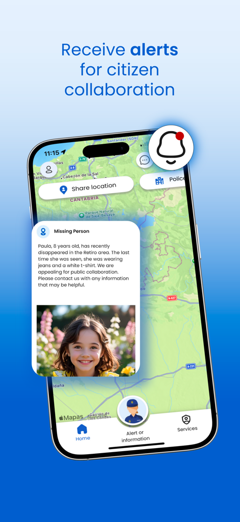 AlertCops mobile app interface displaying a missing person alert and citizen collaboration notification over a map
