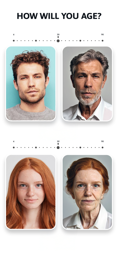 Wavesome.AI Video Generator - AI age progression feature showing younger and older versions of a man and a woman