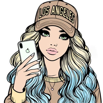 realistic beautiful girl wearing los ángeles cap holding an iphone
