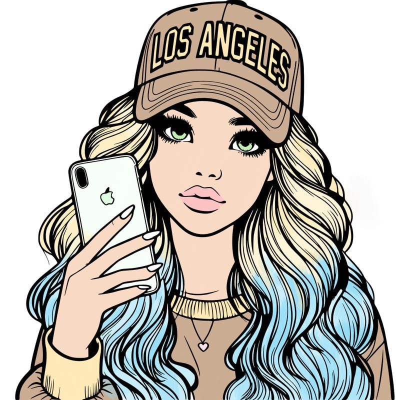 realistic beautiful girl wearing los ángeles cap holding an iphone