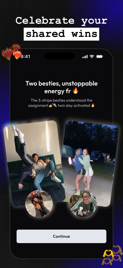 Hyper Challenges - Écran d'une application mobile intitulé "Célébrez vos victoires partagées" présentant des photos d'amis accomplissant une quête secondaire ensemble.