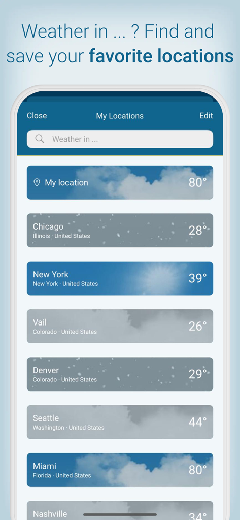 My Locations screen in the Weather and Radar app showing current temperatures for several saved cities.