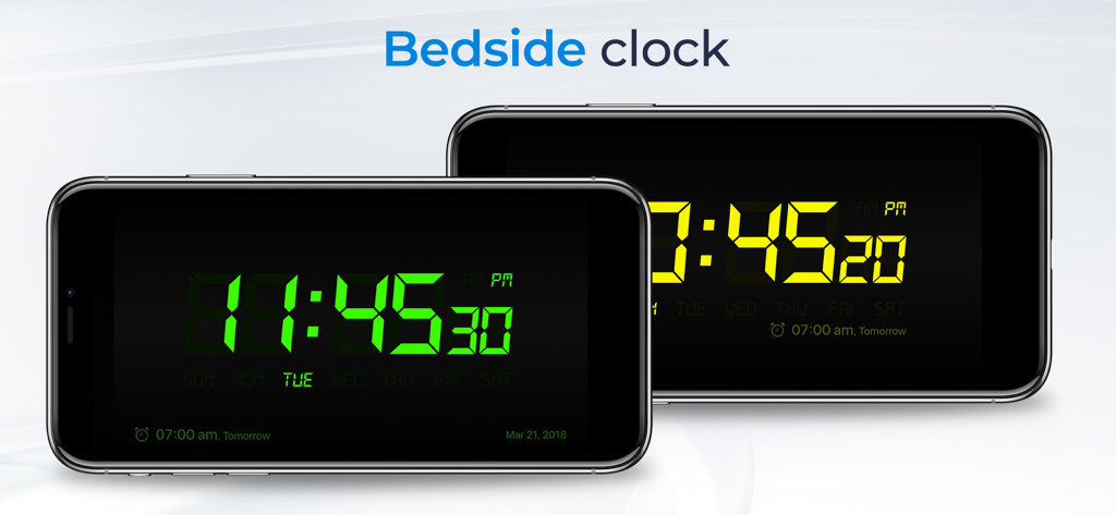 Alarm Clock for Me - Wake Up! - Due iPhone che mostrano la funzione di orologio da comodino con temi di design digitali verdi e gialli.