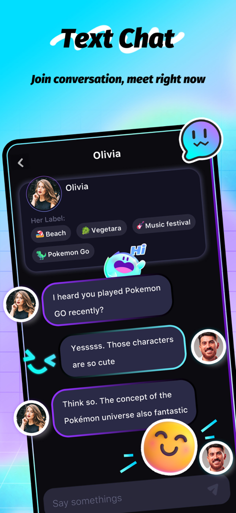Interfaz de chat de texto de la aplicación SoMatch mostrando usuarios discutiendo intereses compartidos como Pokemon Go.