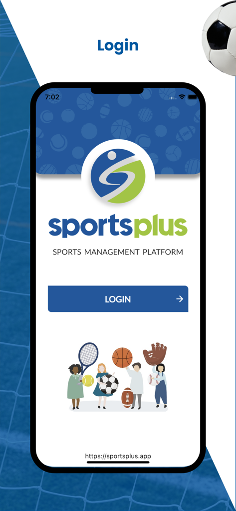 SportsPlus - SportsPlus app login screen featuring the company logo and illustrations of athletes with sports equipment