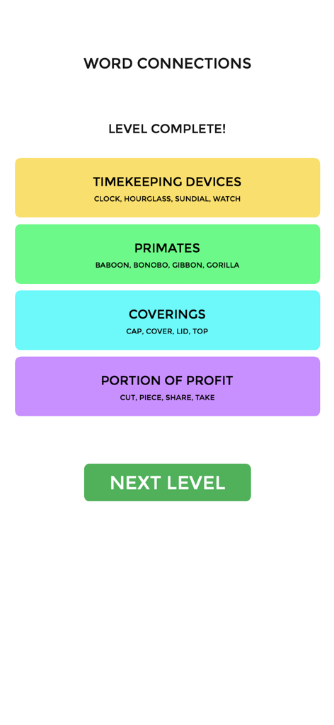 Connect Words - Puzzle Game - Una pantalla de nivel completado en el juego de acertijos Connect Words que muestra cuatro categorías resueltas con grupos de palabras temáticos.