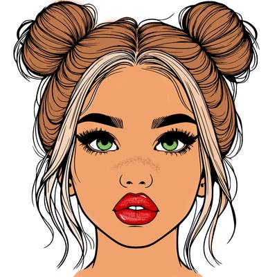 realistic girl with two buns on her hair and lips