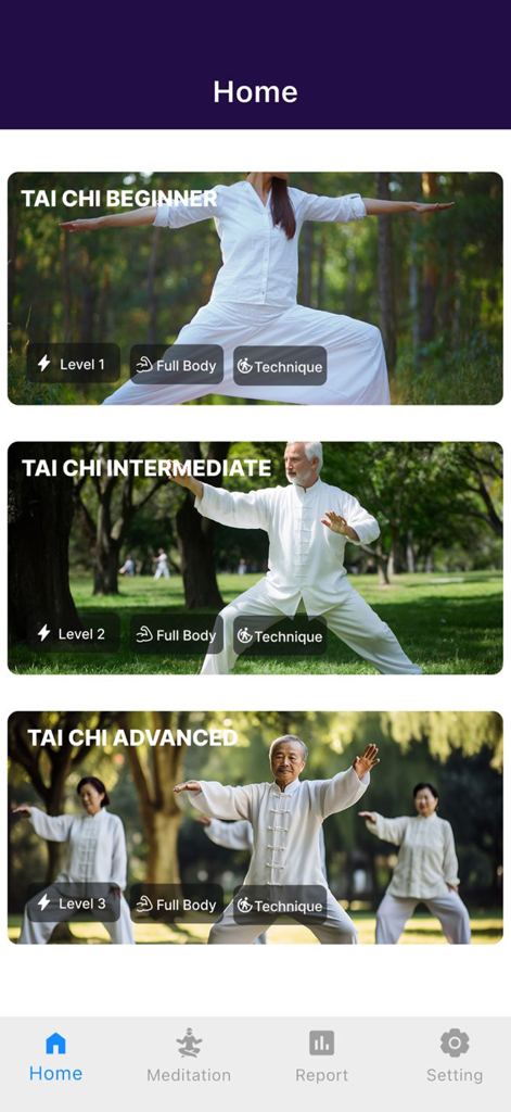 Interface of the Tai Chi Home Fitness app featuring beginner, intermediate, and advanced workout levels.