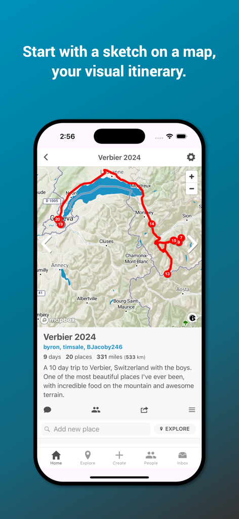 Un teléfono móvil que muestra la aplicación Tripline con una ruta de viaje roja dibujada en un mapa de Suiza