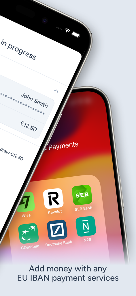 Interface de l'application Quanloop Funds montrant les services de paiement IBAN UE compatibles, y compris Revolut Wise et N26