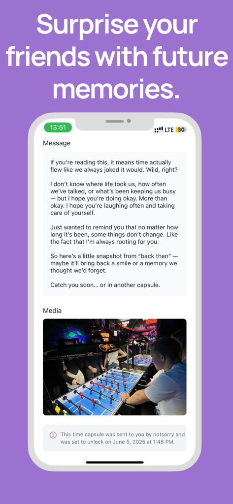 A time capsule message and photo displayed in the DearFuture app interface