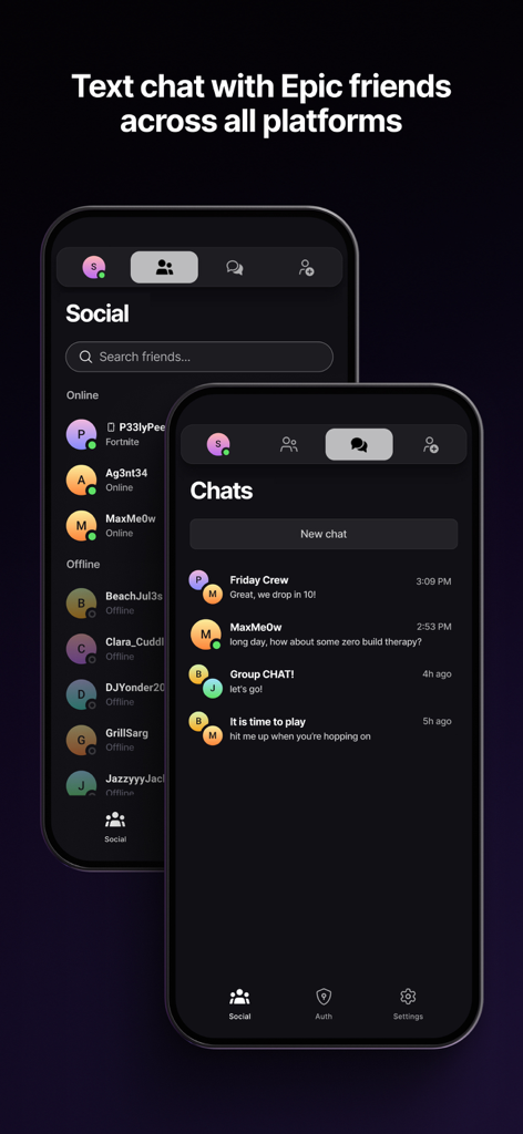Epic Games - Pantallas de la aplicación Epic Games que muestran la lista de amigos sociales y la interfaz de chat de texto multiplataforma