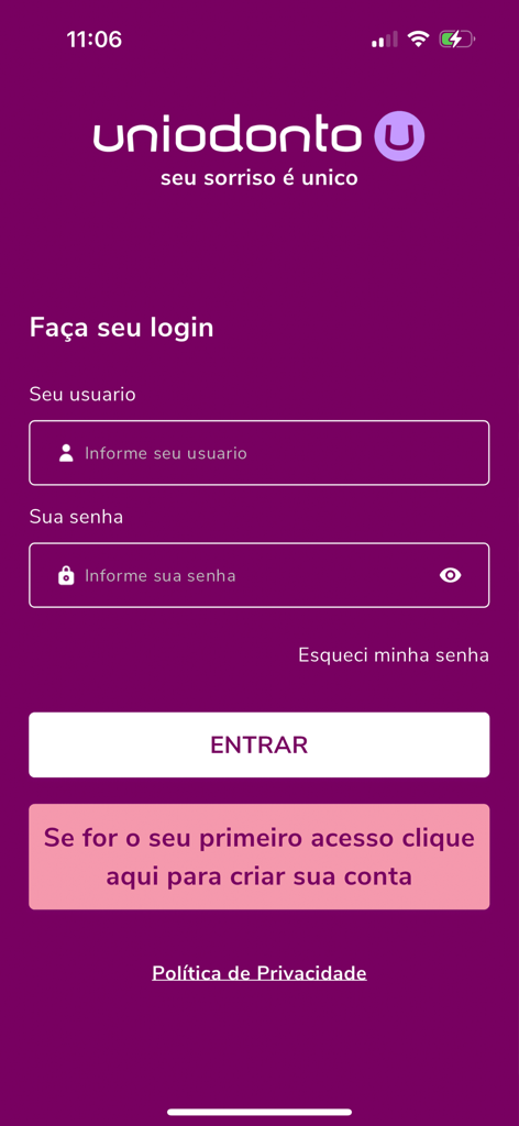 Uniodonto Beneficiário - Uniodonto Beneficiário app login screen with fields for username and password on a purple background