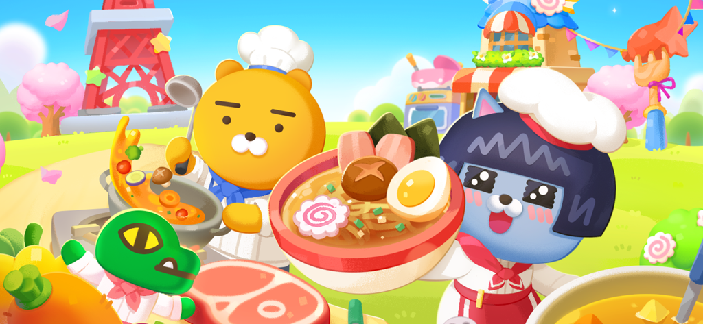 프렌즈 타운에서 라면 그릇을 들고 있는 셰프 복장의 카카오프렌즈 라이언과 네오 캐릭터