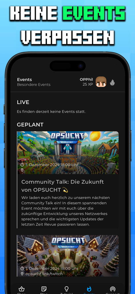 Interface de l'application mobile OPSUCHT montrant une liste des événements prévus sur le serveur Minecraft et les nouvelles de la communauté.