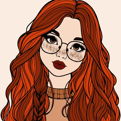 girl with long hair and freckles and glasses realistic