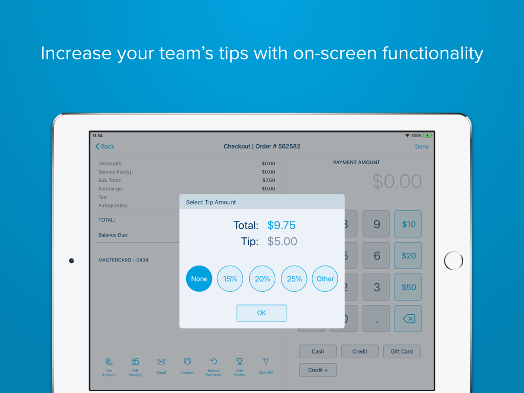 Revel POS iPad interface showing a tip selection popup during the checkout process