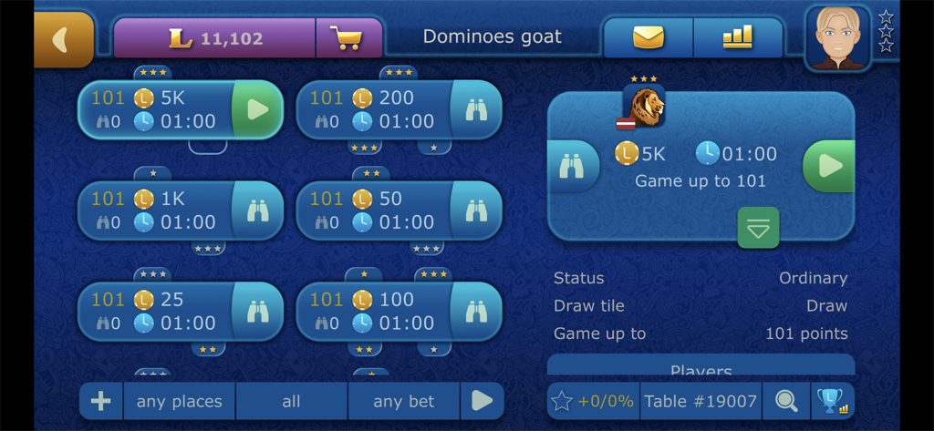 Online Dominoes LiveGames - Game lobby for Online Dominoes Goat showing various tables and betting stakes