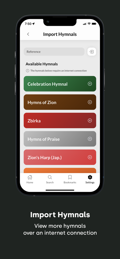 ACC Hymns - A mobile screen from the ACC Hymns app showing the Import Hymnals page with a list of available hymnals like Celebration Hymnal and Hymns of Zion.