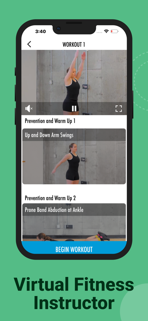 Ninja Athletic Training - Ninja Athletic Training app screen showing the virtual fitness instructor and workout videos