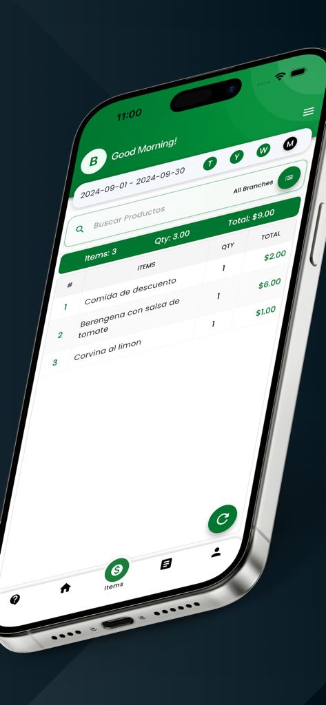 Invu Report mobile App zeigt eine Liste verkaufter Lebensmittelartikel mit Mengen und Gesamtumsätzen auf einem iPhone-Bildschirm
