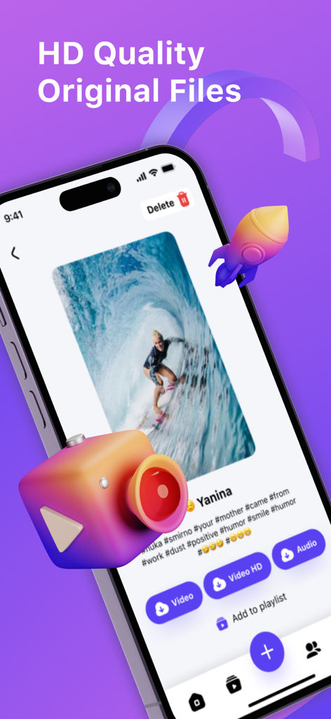 SSSTik: Save Video & Repost - SSSTikアプリのスクリーンショット。HD動画ダウンロードオプションとサーフィン動画のプレビューが表示されています。