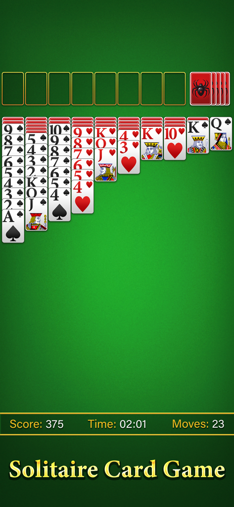 Spider Solitaire Card Games · - Classic Spider Solitaire card game interface with large easy to read cards on a green background